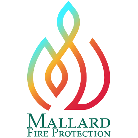 Mallard fire protection logo with a large colorful flame on top with the words "Mallard Fire Protection" below it in a dark green letters.